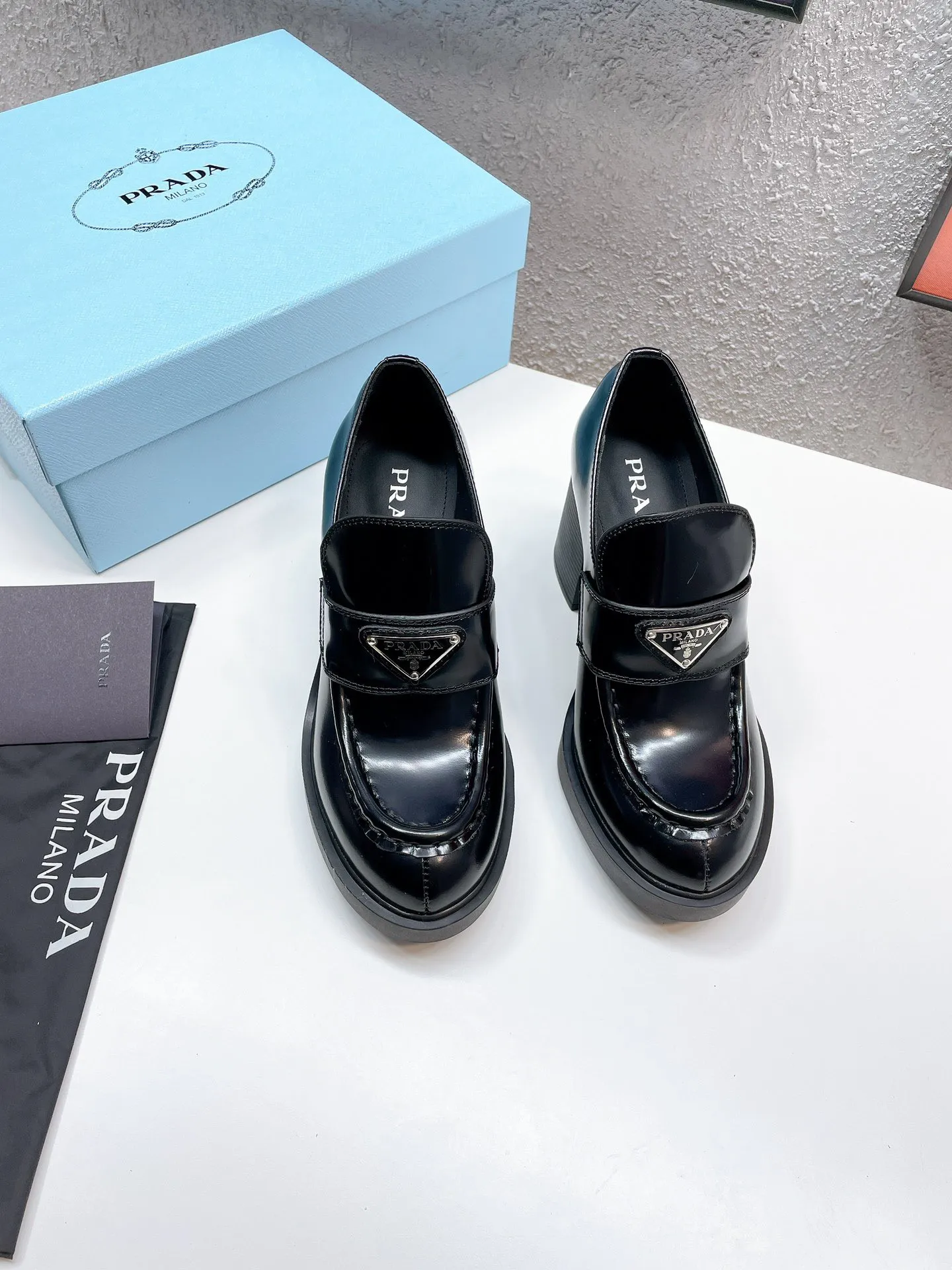 Prada Chocolate High-heeled Loafers In Black Brushed Leather - PRL001 Prada Chocolate High-heeled Loafers In Black Brushed Leather