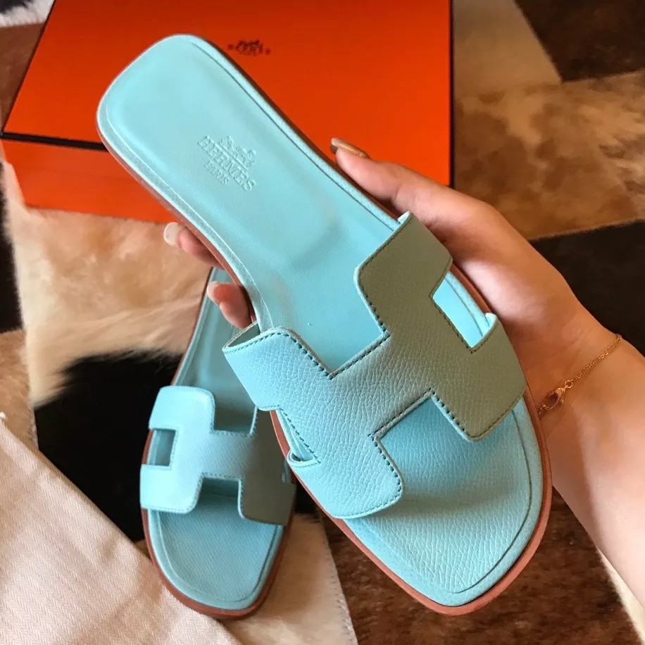 HERMES ORAN SLIDE SANDALS IN BLUE ATOLL EPSOM CALFSKIN - HMSD068