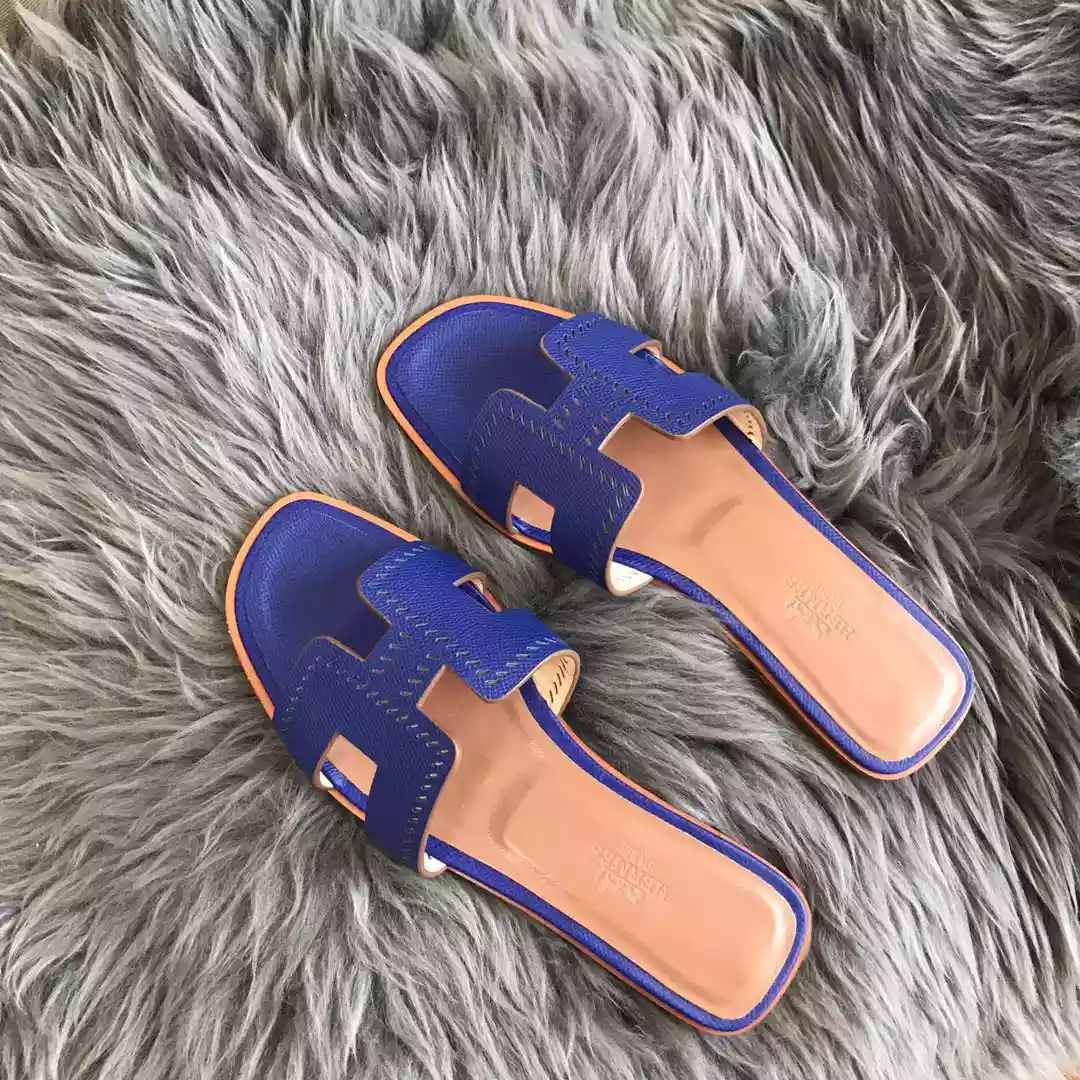 HERMES ORAN SLIDE SANDALS IN BLUE EPSOM PERFORATED CALFSKIN - HMSD095