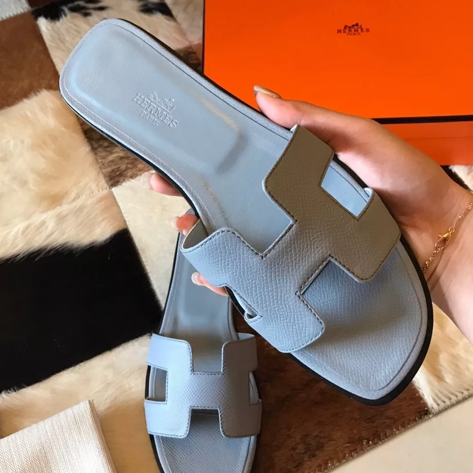 HERMES ORAN SLIDE SANDALS IN BLUE LIN EPSOM CALFSKIN - HMSD074