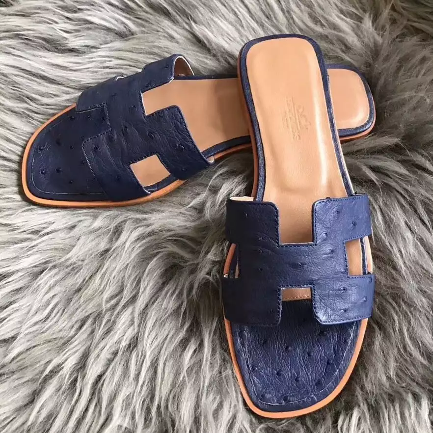 HERMES ORAN SLIDE SANDALS IN BLUE ROY OSTRICH LEATHER - HMSD076