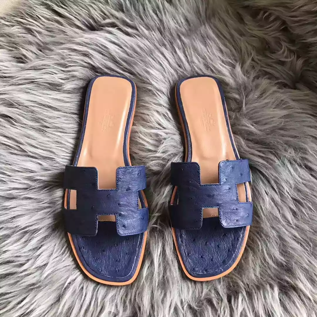 HERMES ORAN SLIDE SANDALS IN BLUE ROY OSTRICH LEATHER - HMSD076