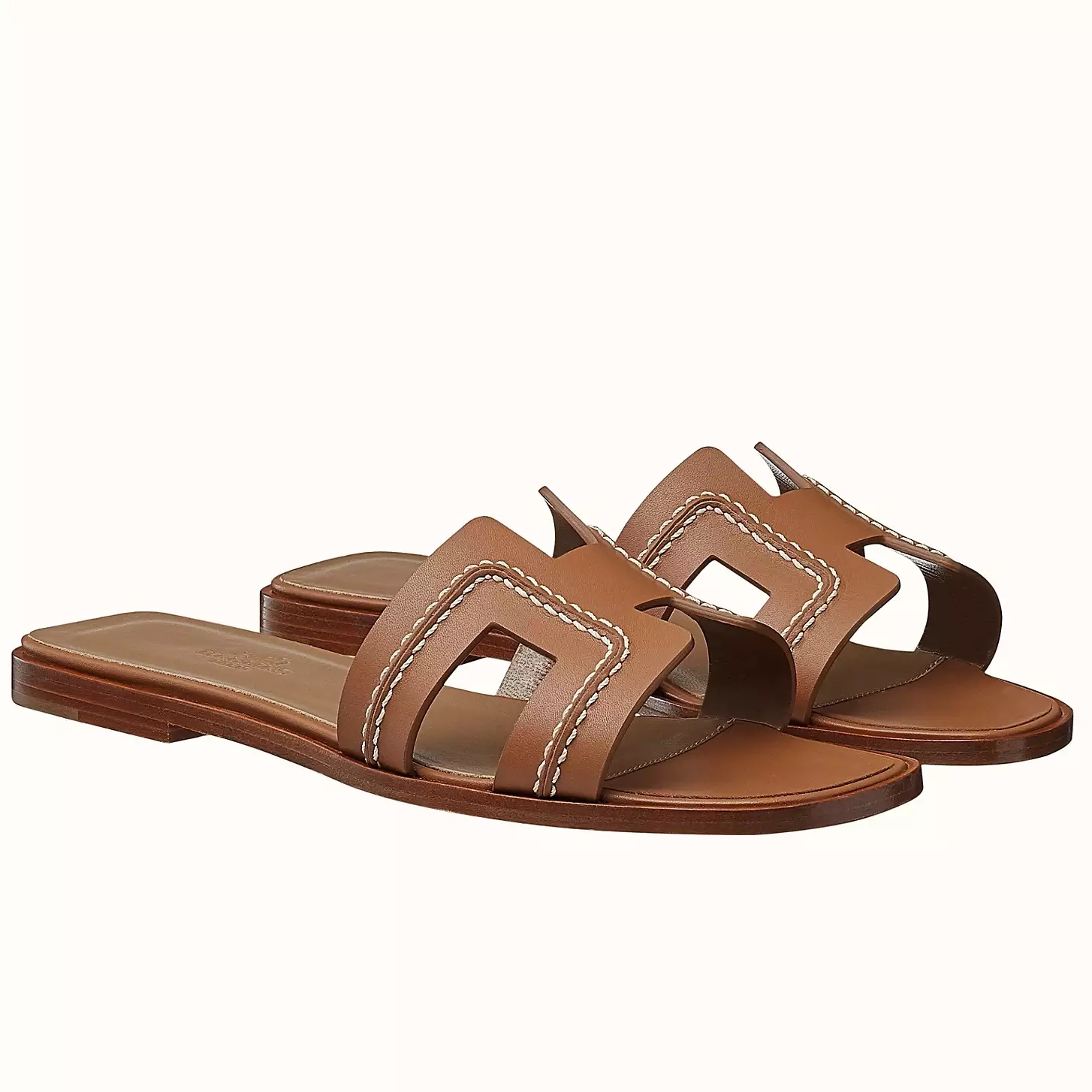 HERMES ORAN SLIDE SANDALS IN BROWN LEATHER WITH STITCHED - HMSD043