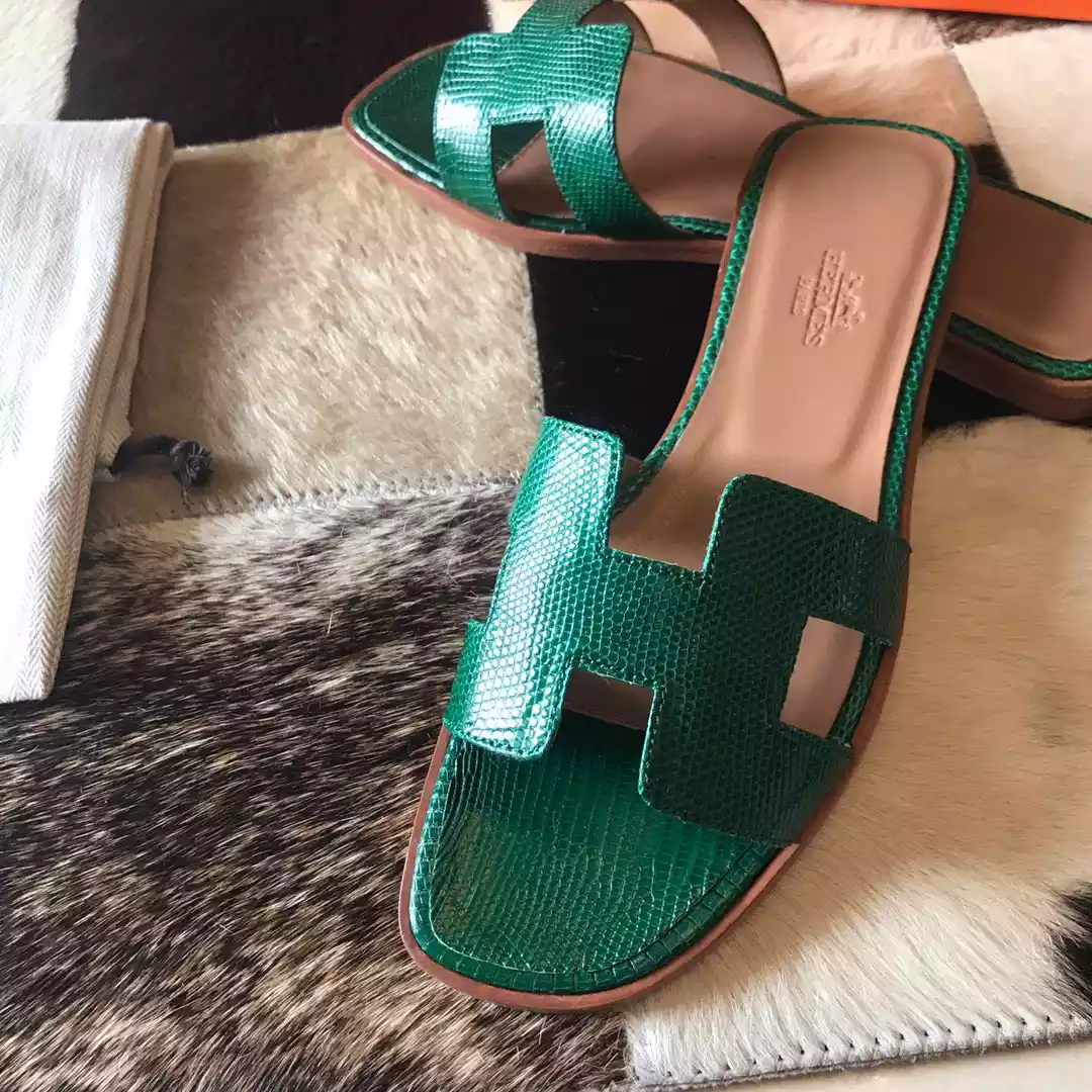 HERMES ORAN SLIDE SANDALS IN GREEN LIZARD LEATHER - HMSD110
