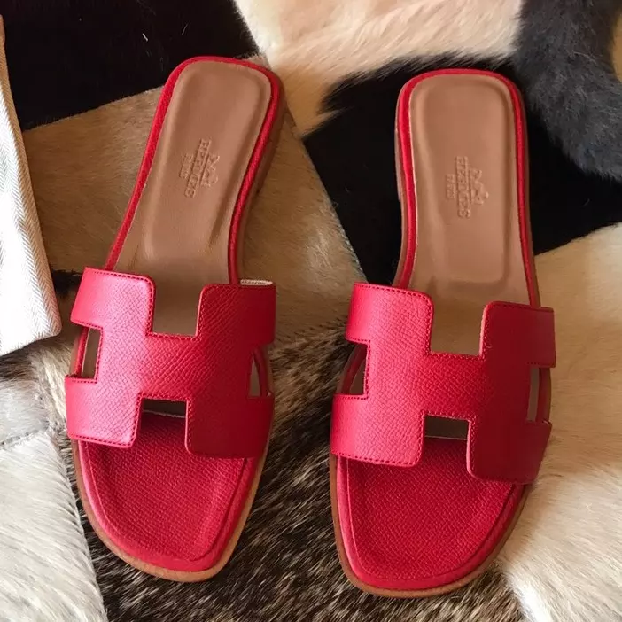 HERMES ORAN SLIDE SANDALS IN RED EPSOM CALFSKIN - HMSD092