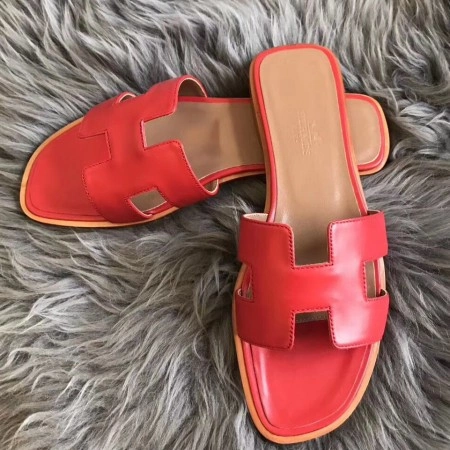 HERMES ORAN SLIDE SANDALS IN RED SWIFT CALFSKIN - HMSD127