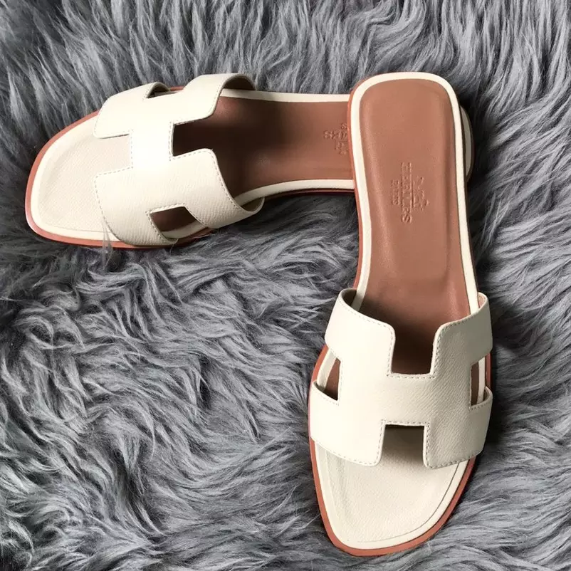 HERMES ORAN SLIDE SANDALS IN WHITE EPSOM CALFSKIN - HMSD089
