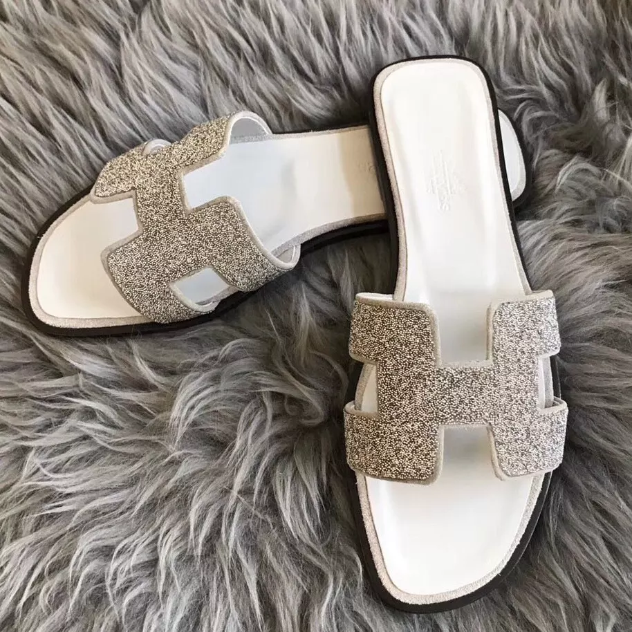 HERMES ORAN SLIDE SANDALS IN WHITE SUEDE WITH CRYSTAL - HMSD109