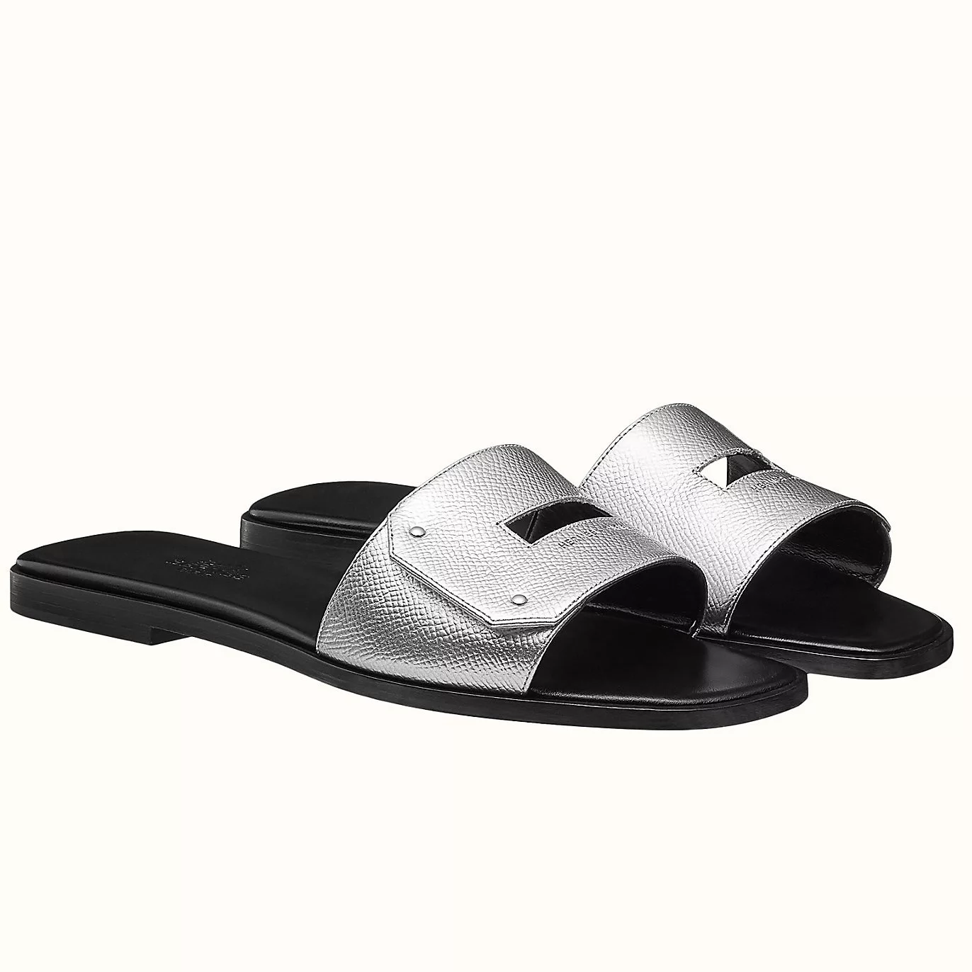 HERMES VIEW SLIDE SANDALS IN SILVER EPSOM CALFSKIN - HMSD132