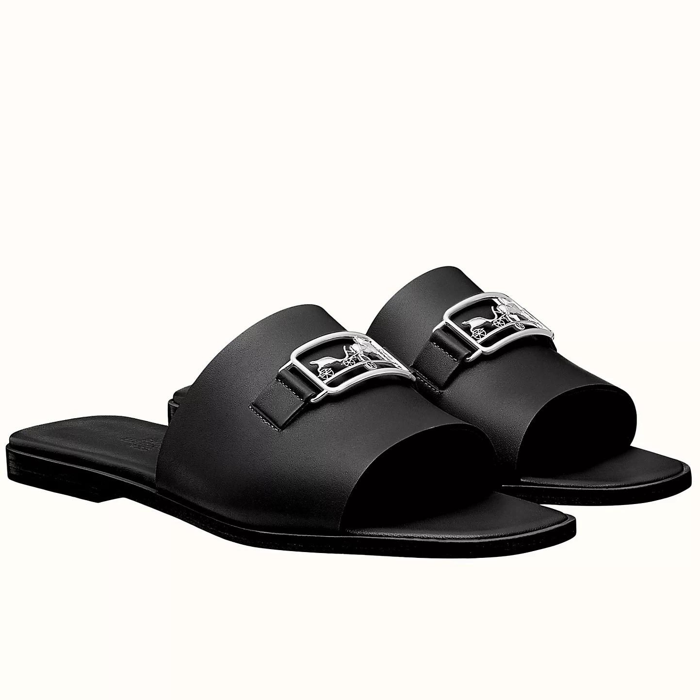 HERMES VILLA SLIDE SANDALS IN BLACK LEATHER - HMSD135