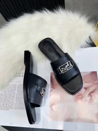 HERMES VILLA SLIDE SANDALS IN BLACK LEATHER - HMSD135