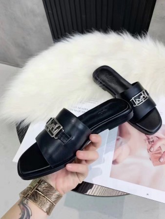 HERMES VILLA SLIDE SANDALS IN BLACK LEATHER - HMSD135