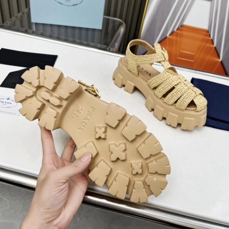 PRADA MONOLITH CROCHET CAGE SANDALS IN BEIGE RAFFIA FABRIC - PSD008