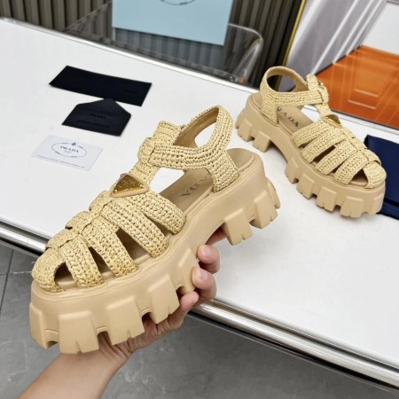 PRADA MONOLITH CROCHET CAGE SANDALS IN BEIGE RAFFIA FABRIC - PSD008