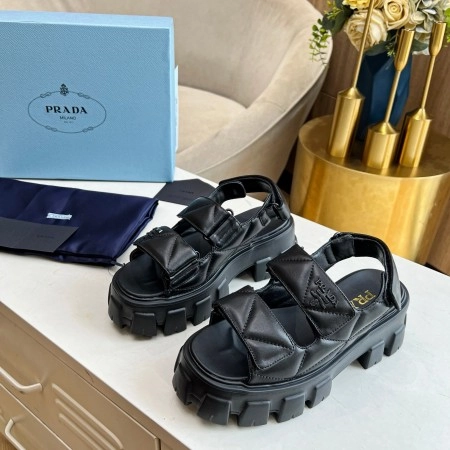 PRADA MONOLITH FLATFORM SANDALS IN BLACK NAPPA LEATHER - PSD019