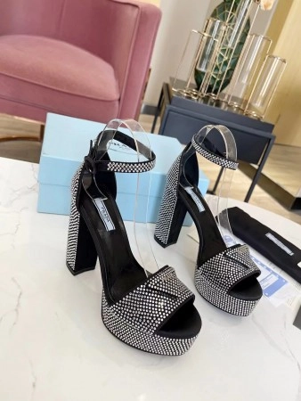 PRADA PLATFORM SANDALS 135MM IN BLACK SATIN WITH CRYSTALS - PSD010