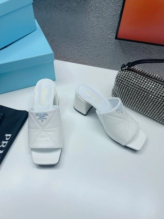 PRADA HEELED SLIDE SANDALS 65MM IN WHITE NAPPA LEATHER - PSD036