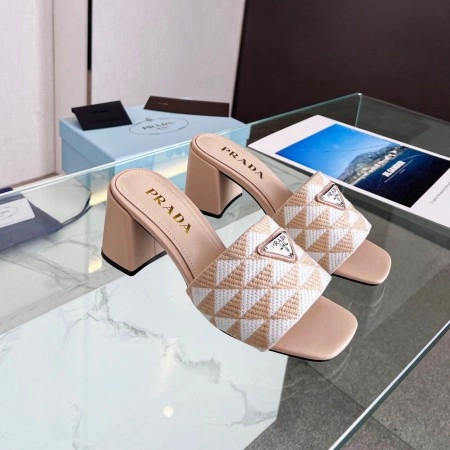 PRADA HEELED SLIDE SANDALS 65MM IN BEIGE AND WHITE FABRIC - PSD034