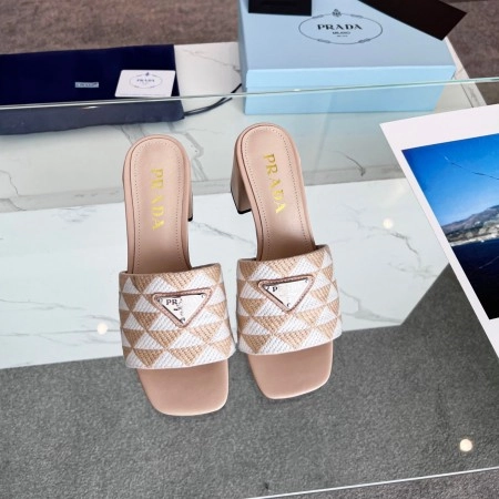 PRADA HEELED SLIDE SANDALS 65MM IN BEIGE AND WHITE FABRIC - PSD034