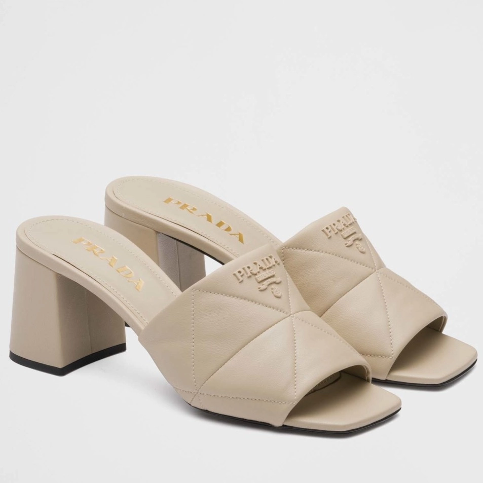 PRADA HEELED SLIDE SANDALS 65MM IN BEIGE NAPPA LEATHER - PSD037