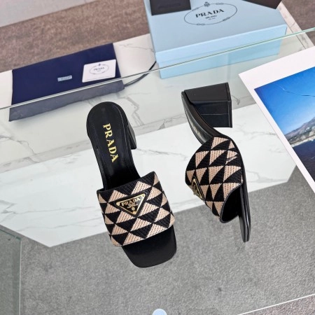 PRADA HEELED SLIDE SANDALS 65MM IN BLACK AND BEIGE FABRIC - PSD035
