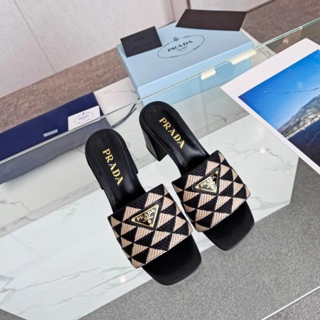 PRADA HEELED SLIDE SANDALS 65MM IN BLACK AND BEIGE FABRIC - PSD035
