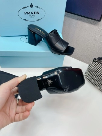 PRADA HEELED SLIDE SANDALS 65MM IN BLACK NAPPA LEATHER - PSD038