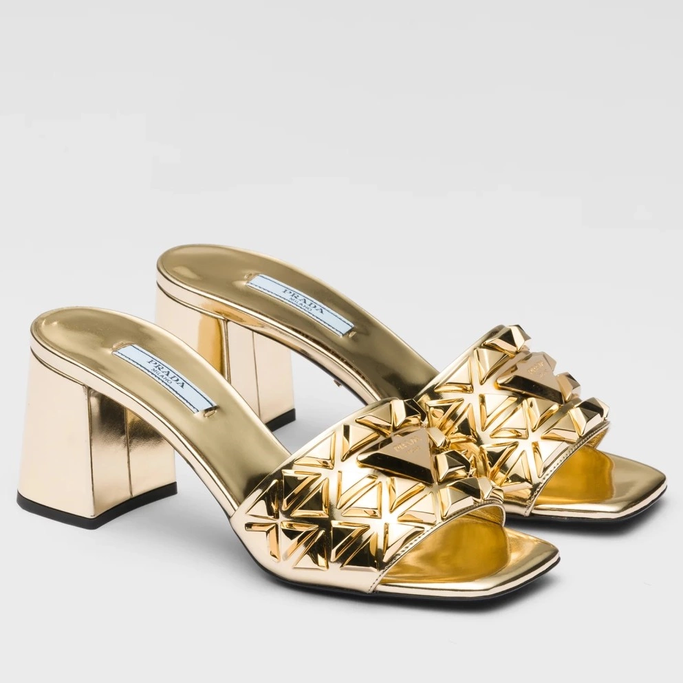 PRADA HEELED SLIDE SANDALS 65MM IN GOLD METALLIC LEATHER - PSD033