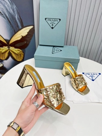 PRADA HEELED SLIDE SANDALS 65MM IN GOLD METALLIC LEATHER - PSD033