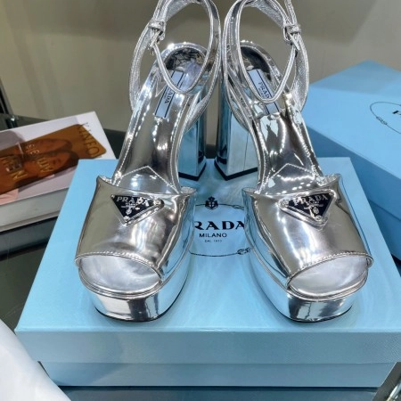 PRADA PLATFORM SANDALS 135MM IN SILVER METALLIC LEATHER - PSD056