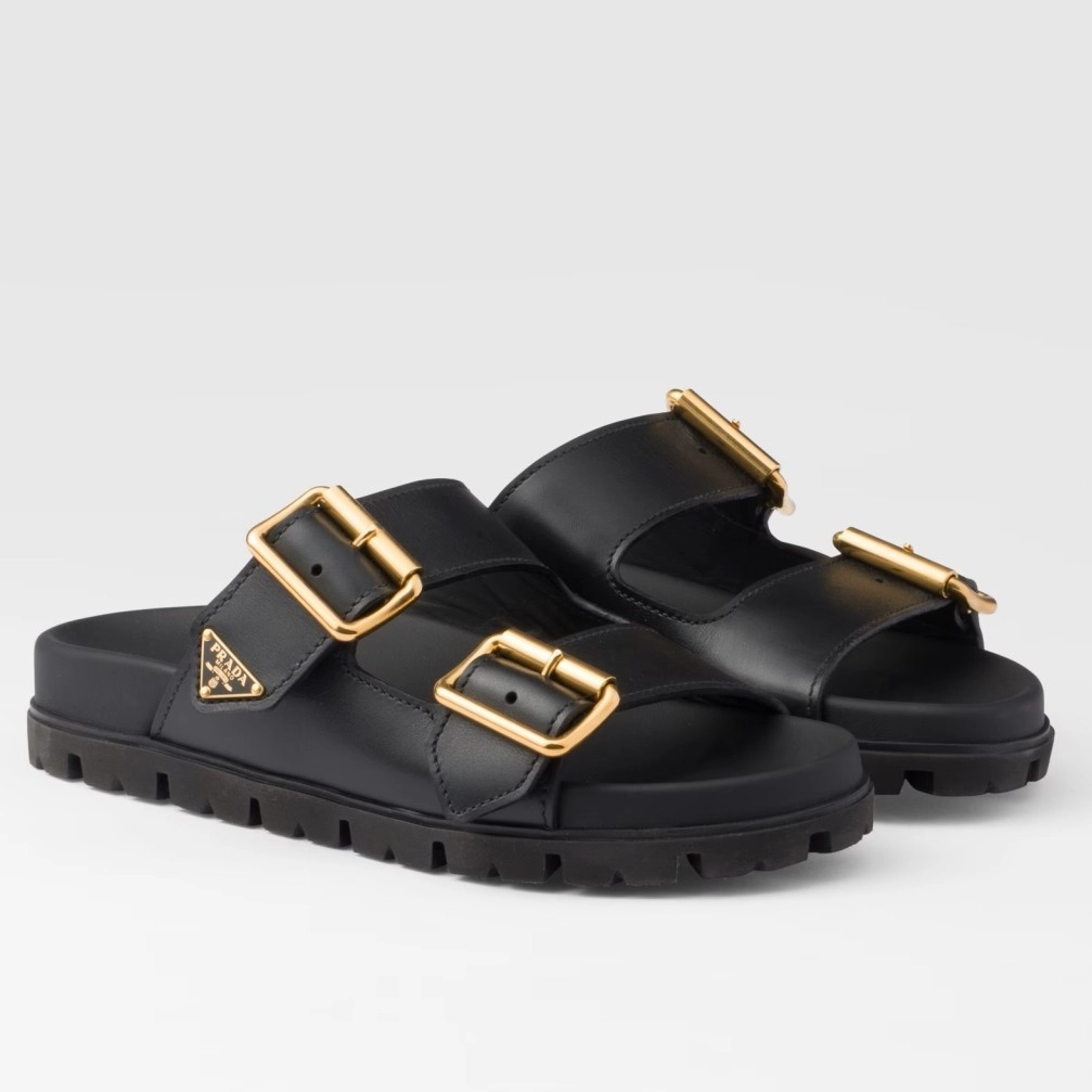 PRADA WOMEN'S STRAP SLIDES SANDALS IN BLACK LEATHER - PSD028
