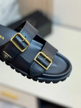 PRADA WOMEN'S STRAP SLIDES SANDALS IN BLACK LEATHER - PSD028