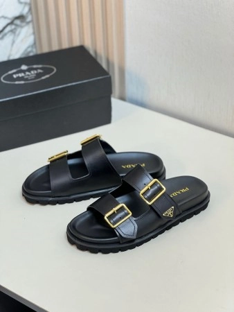 PRADA WOMEN'S STRAP SLIDES SANDALS IN BLACK LEATHER - PSD028