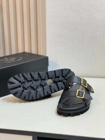 PRADA WOMEN'S STRAP SLIDES SANDALS IN BLACK LEATHER - PSD028