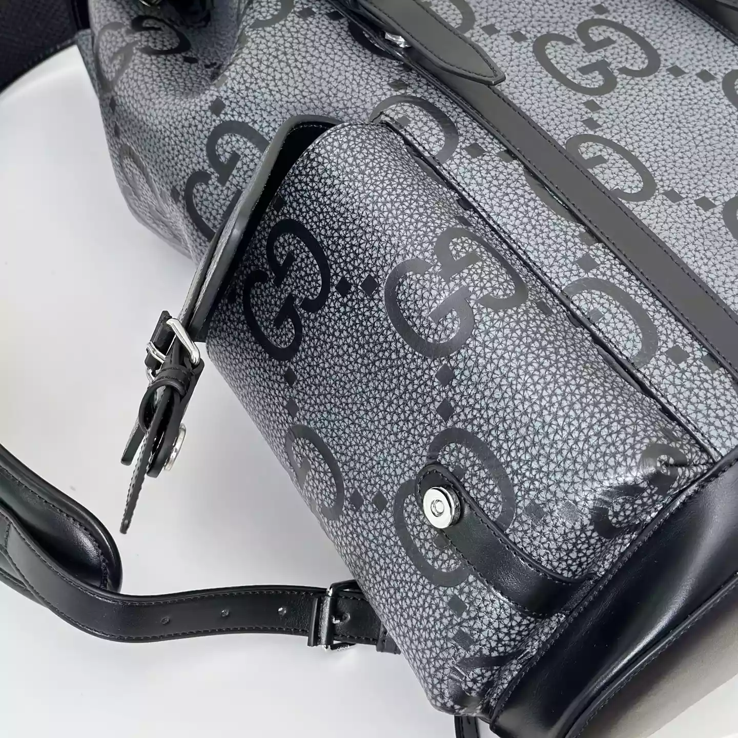 GG jumbo large backpack in grey and black GG leather
