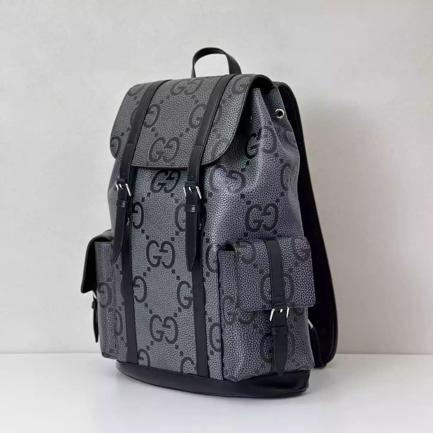 GG jumbo large backpack in grey and black GG leather