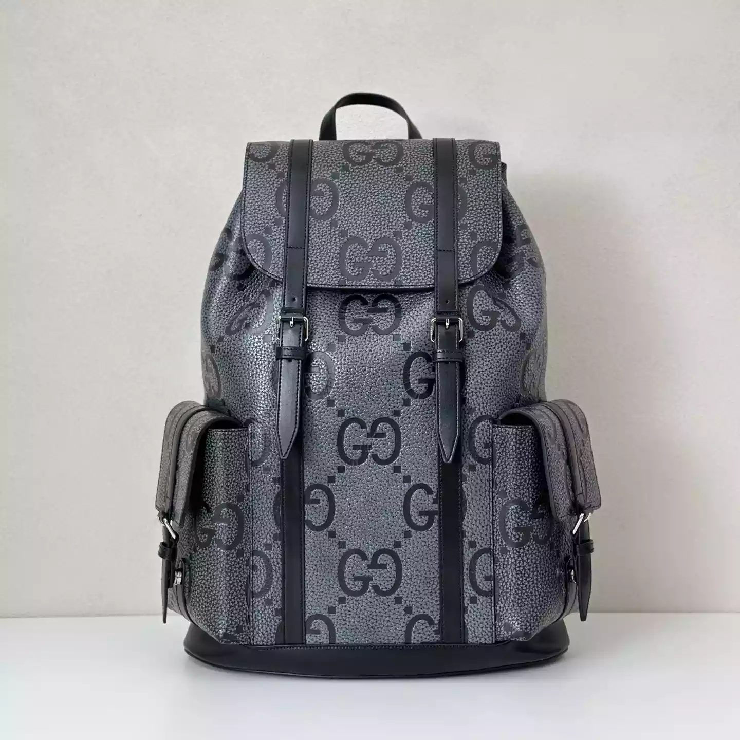 GG jumbo large backpack in grey and black GG leather