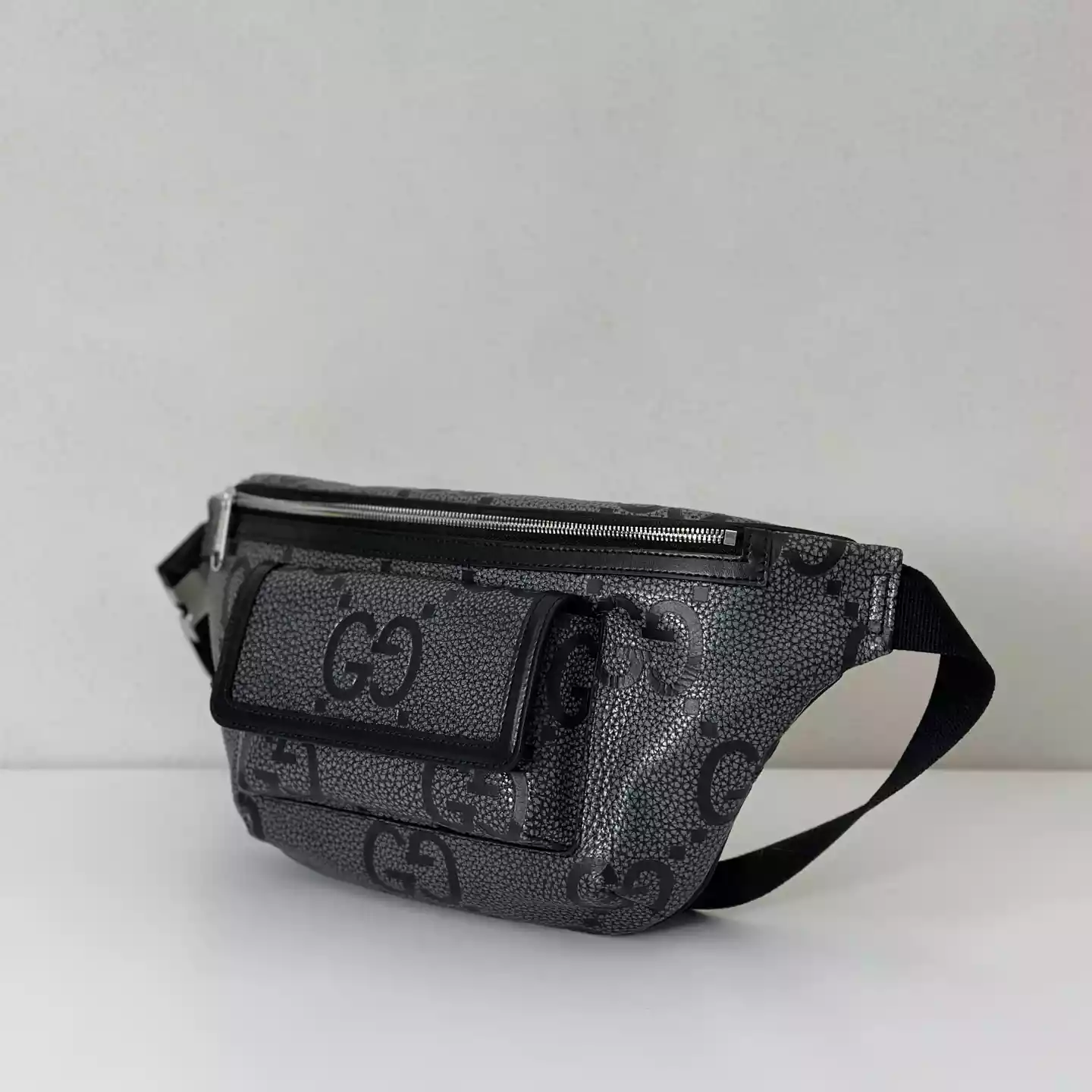 GG jumbo large belt bag in grey and black GG leather - BG078 GG jumbo large belt bag in grey and black GG leather