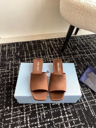 PRADA HEELED SLIDES 35MM IN TOBACCO SATIN - PSD065