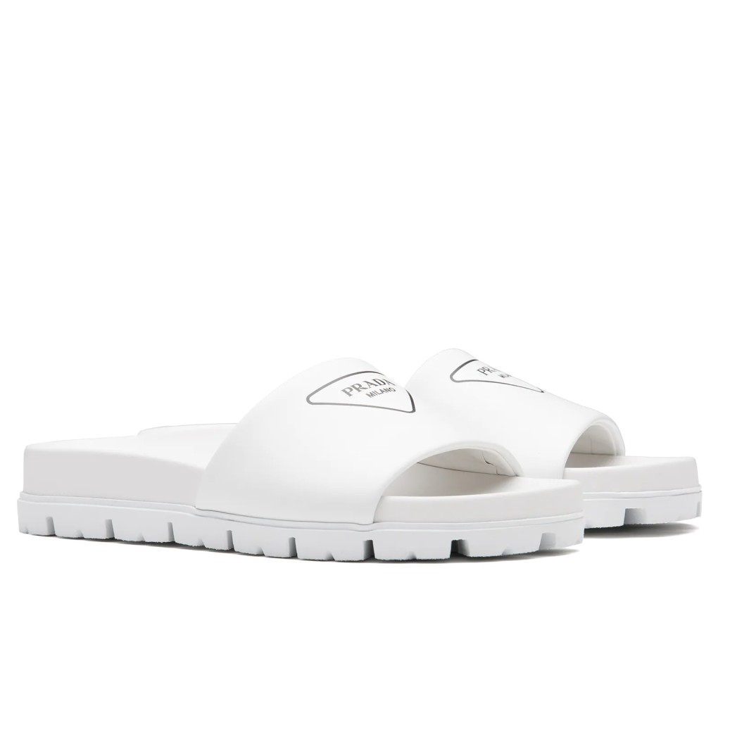 PRADA WHITE LEATHER SLIDES WITH PRINTED TRIANGLE LOGO - PSD089