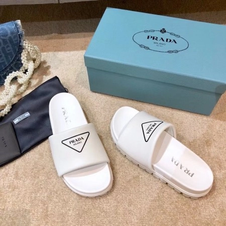 PRADA WHITE LEATHER SLIDES WITH PRINTED TRIANGLE LOGO - PSD089