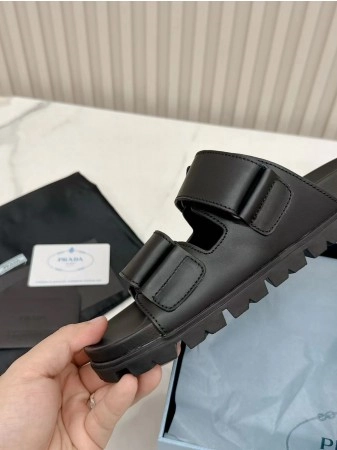 PRADA WOMEN'S STRAP SLIDES SANDALS IN BLACK CALFSKIN - PSD068