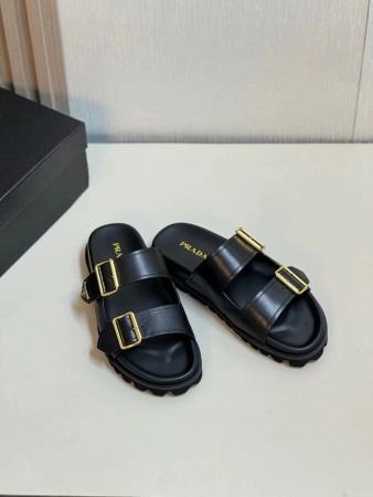 PRADA WOMEN'S STRAP SLIDES SANDALS IN BLACK LEATHER - PSD067
