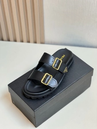 PRADA WOMEN'S STRAP SLIDES SANDALS IN BLACK LEATHER - PSD067