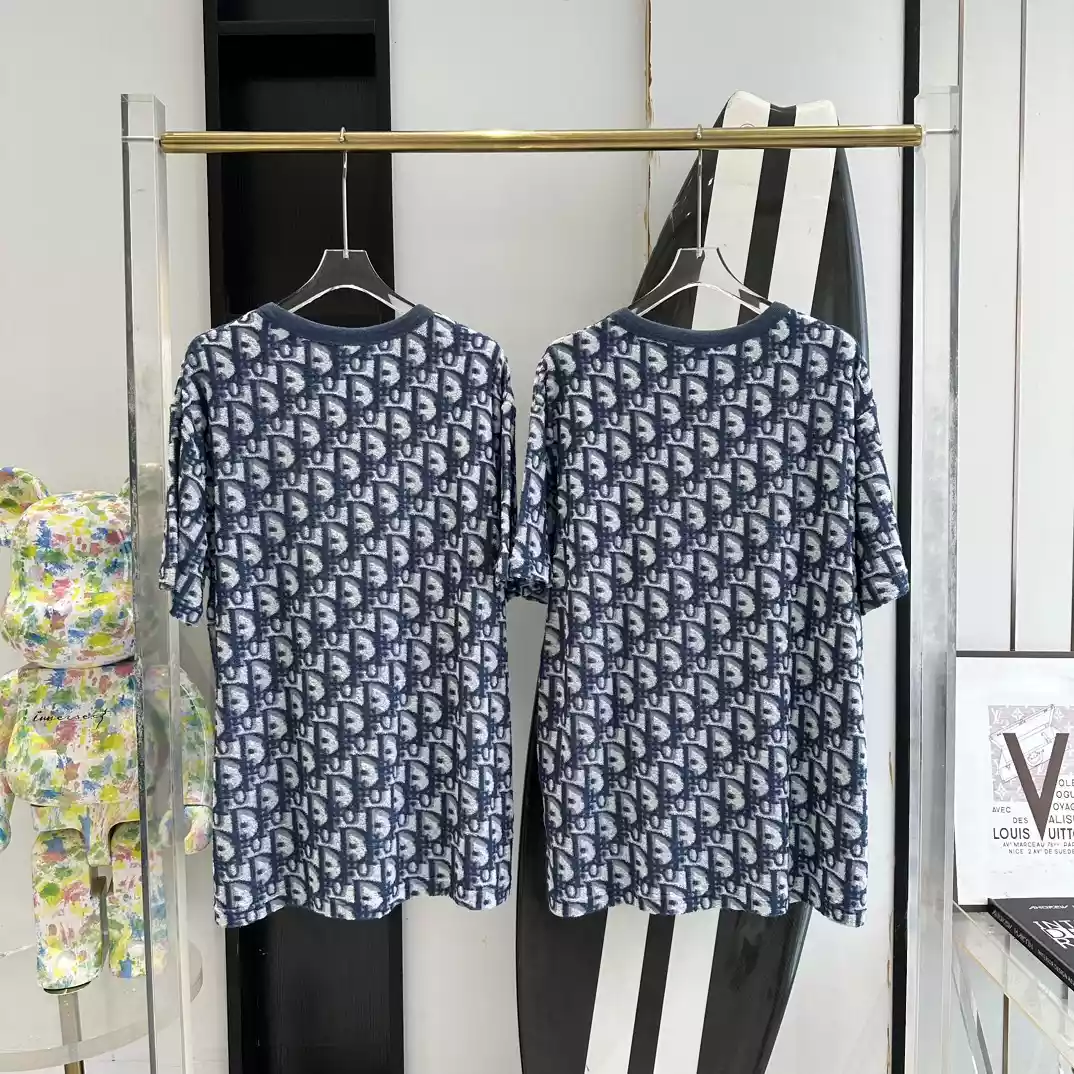 DIOR OBLIQUE T-SHIRT, RELAXED FIT BLUE AND WHITE TERRY COTTON JERSEYY - DOT046
