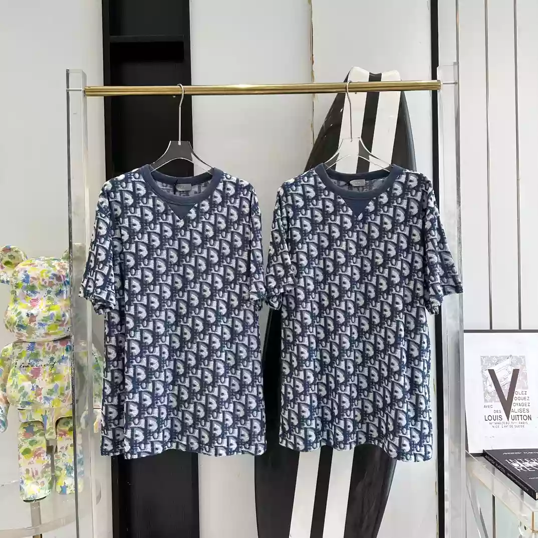 DIOR OBLIQUE T-SHIRT, RELAXED FIT BLUE AND WHITE TERRY COTTON JERSEYY - DOT046