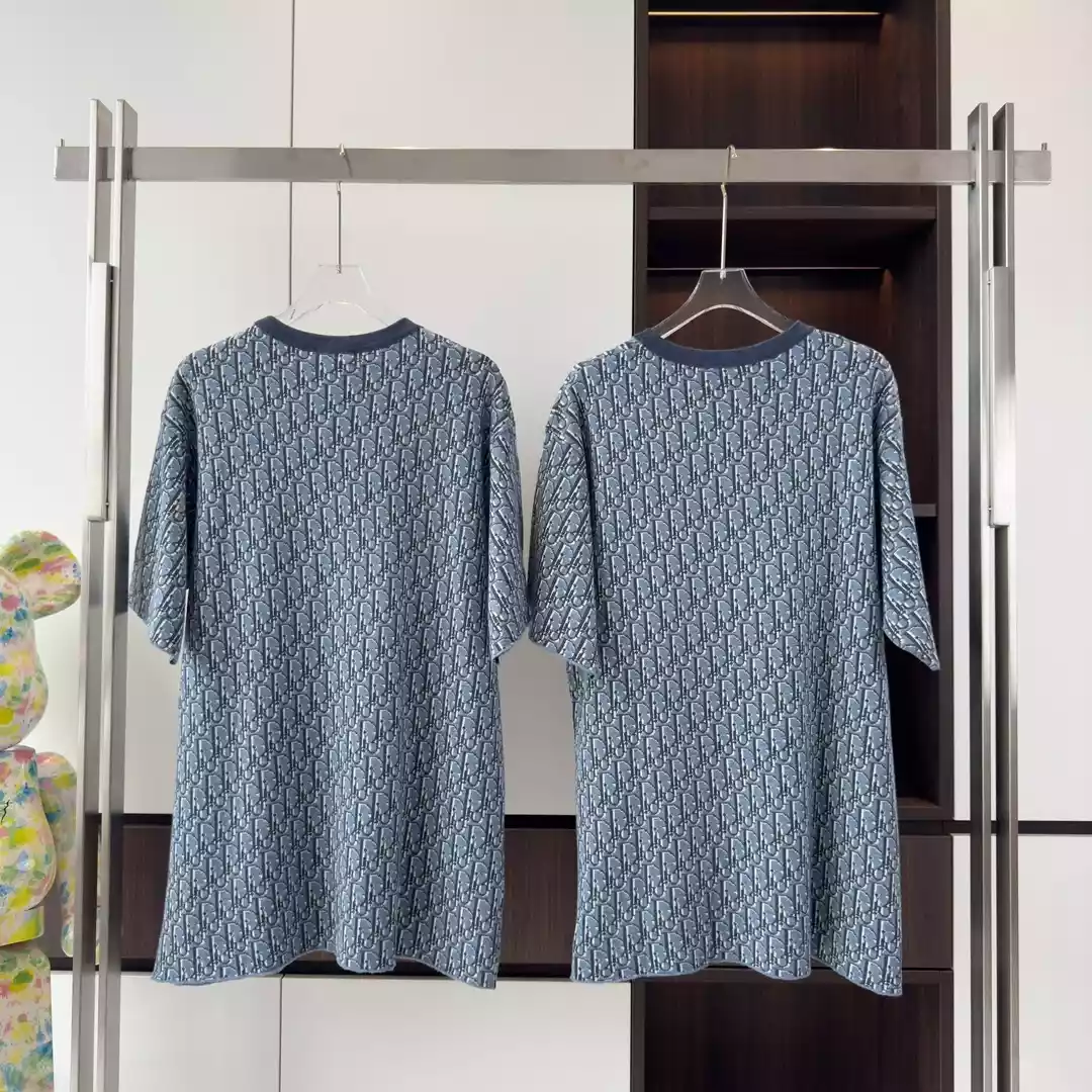 DIOR OBLIQUE T-SHIRT RELAXED FIT BLUE COTTON JACQUARD - DOT043