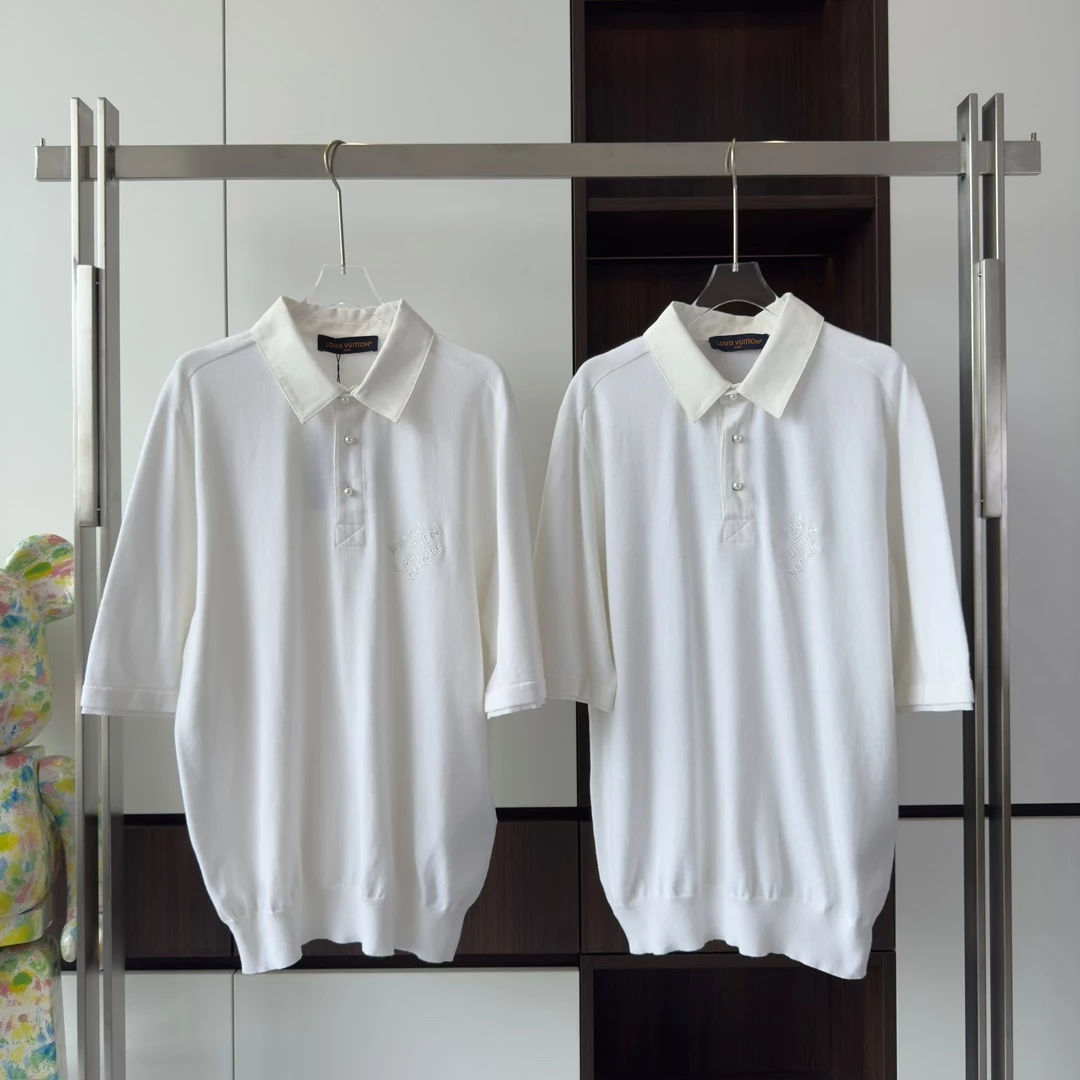 EMBROIDERED SHORT-SLEEVED COTTON BLEND POLO SHIRT IN WHITE - LVTS141 Damier Jacquard Short-Sleeved Crewneck - LVTS089