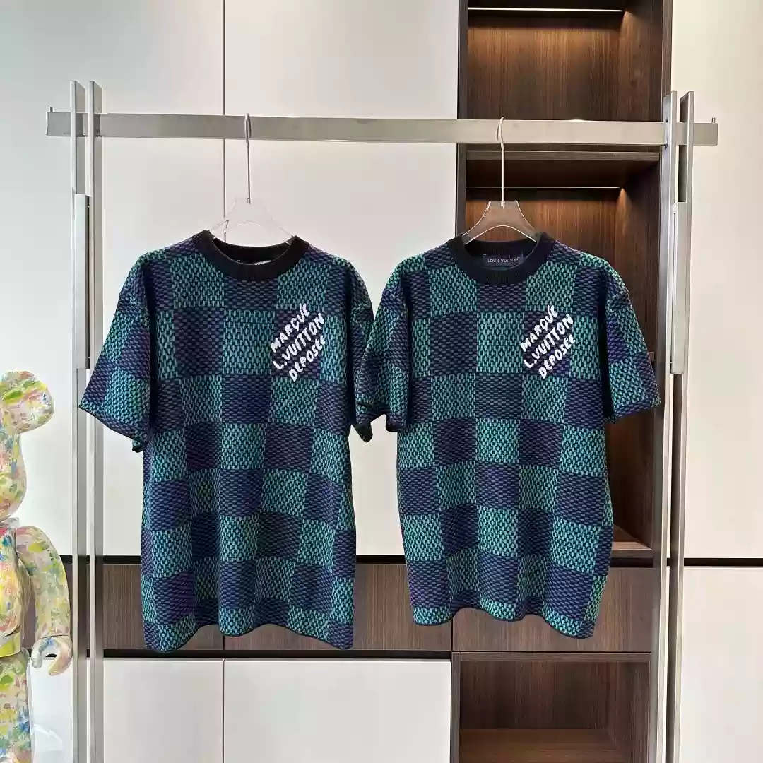 JACQUARD DAMIER SHORT-SLEEVED COTTON CREWNECK - LVTS131 Damier Jacquard Short-Sleeved Crewneck - LVTS089