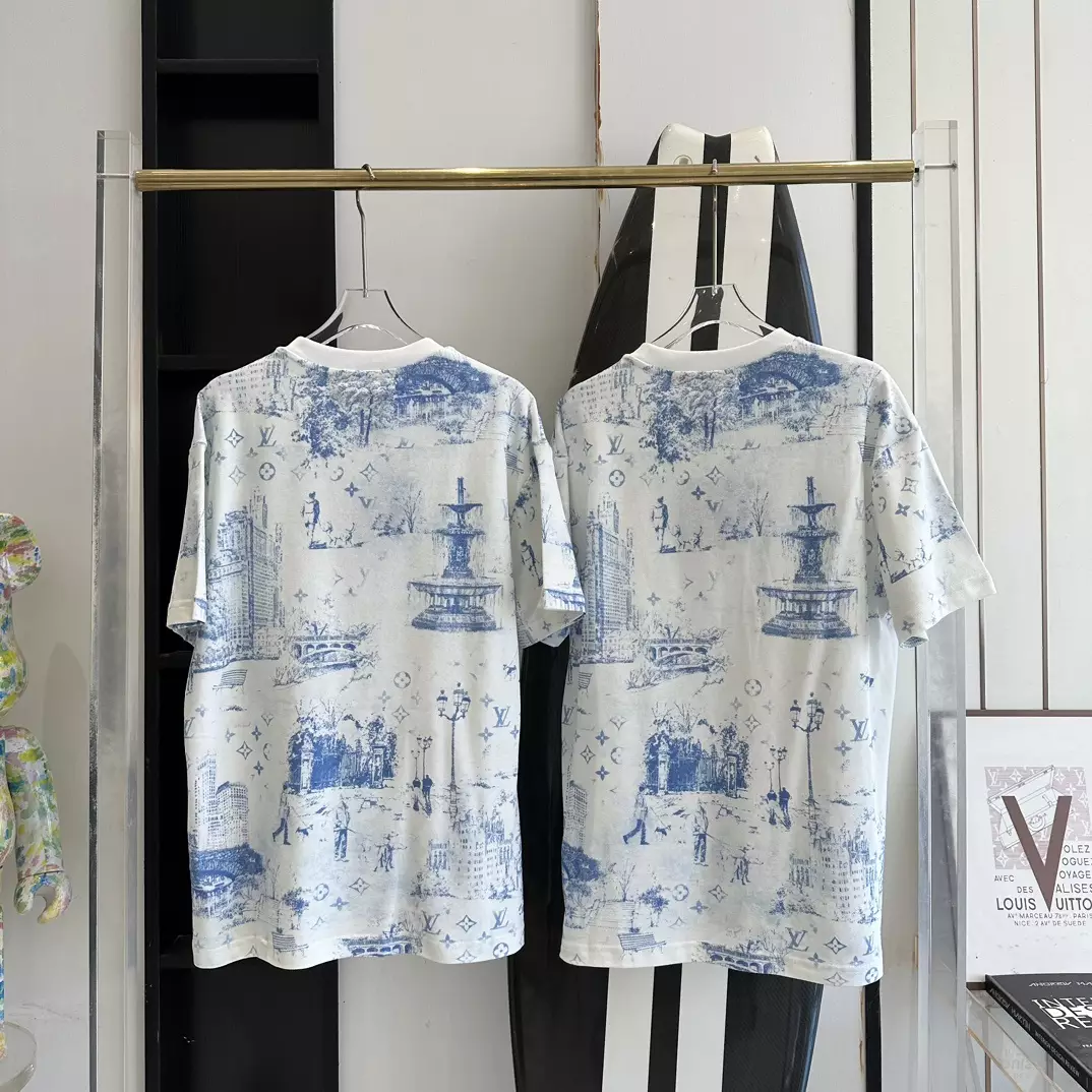 PRINTED COTTON PIQUE T-SHIRT - LVTS133 Damier Jacquard Short-Sleeved Crewneck - LVTS089